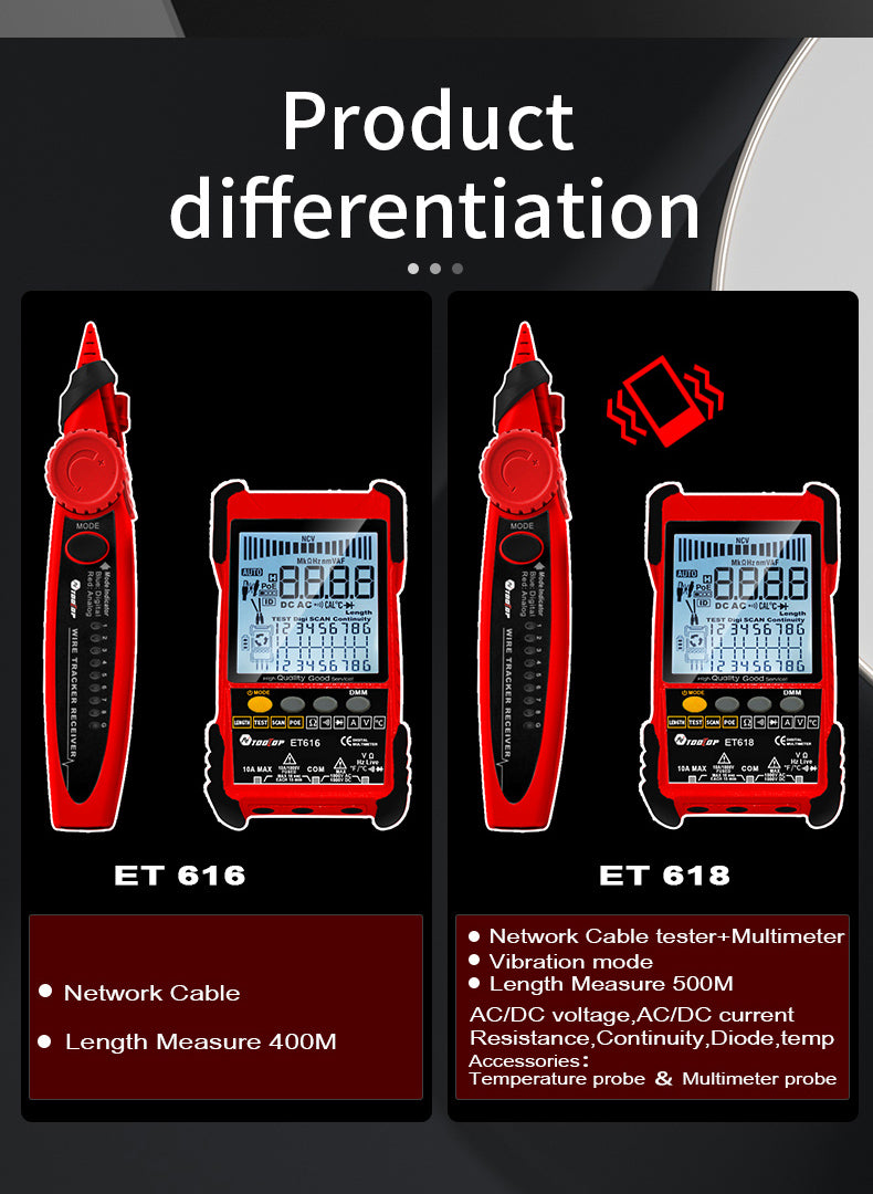 ET616 / ET618 Professional Network Cable Tester with Digital Tracing, PoE Test & Cable Length Measurement