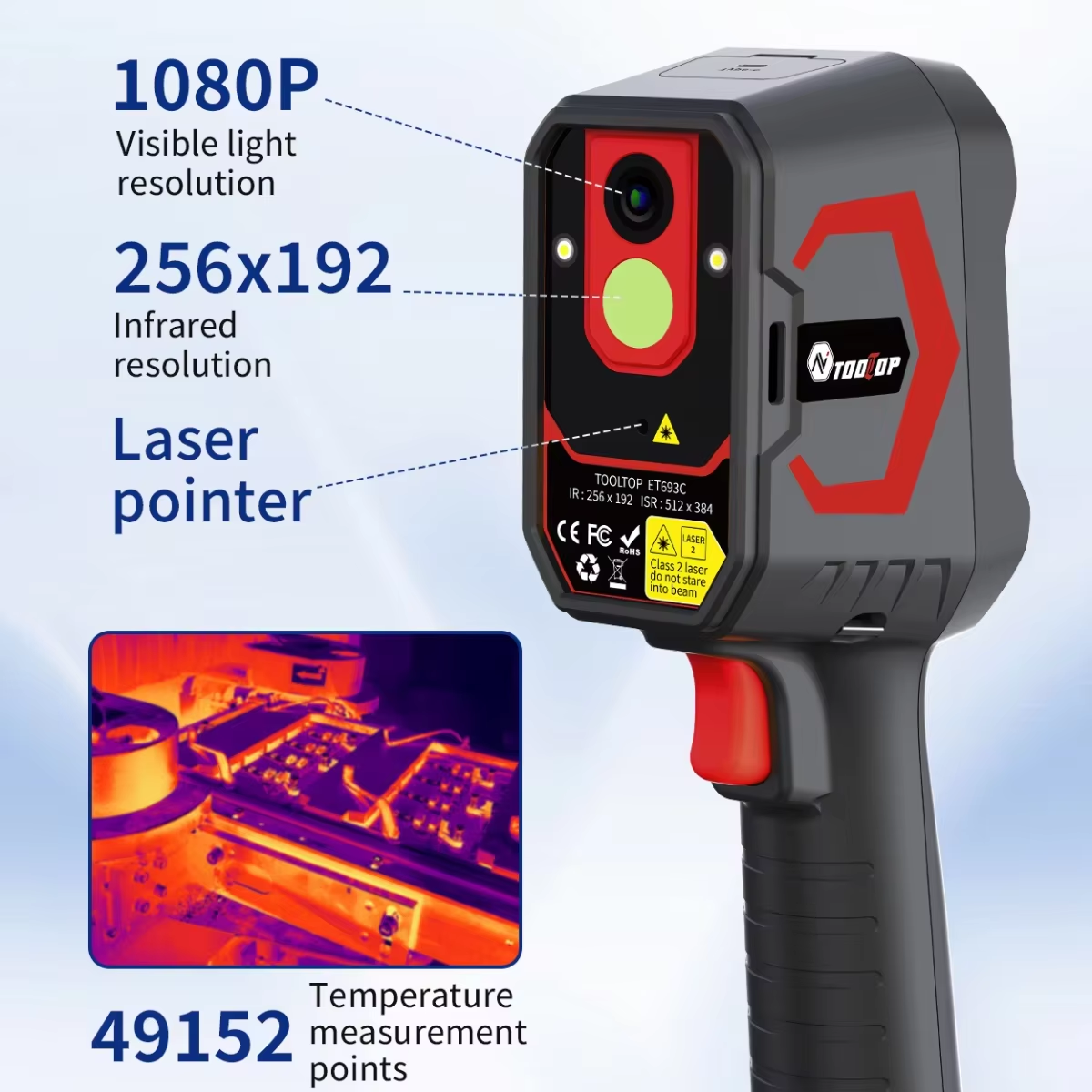 TOOLTOP ET693C Thermal Imaging Camera – 256×192 IR Sensor + 1080P Visible, 512×384 Super IR Enhancement, for Automotive & Electrical Diagnostics