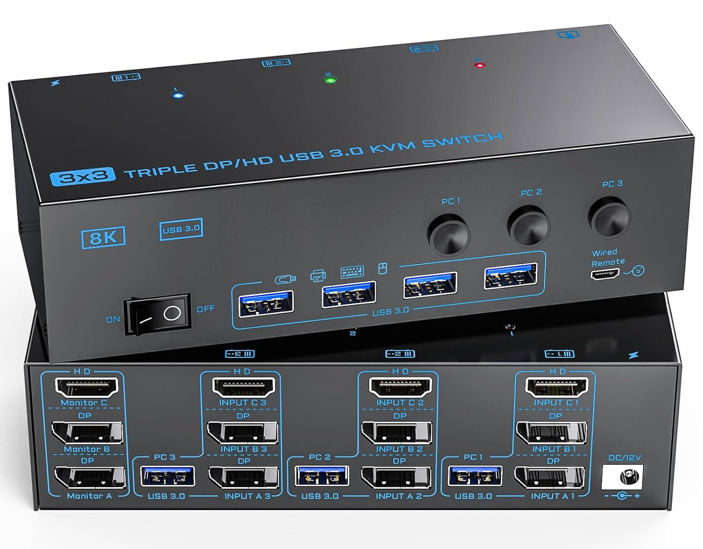 8K@60Hz HDMI-Compatible Triple Monitor KVM Switch, USB 3.0, 3 In 3 Out for Keyboard, Mouse, U-Disk, Printer, Compatible with Linux, Windows, Chrome OS, Mac OS