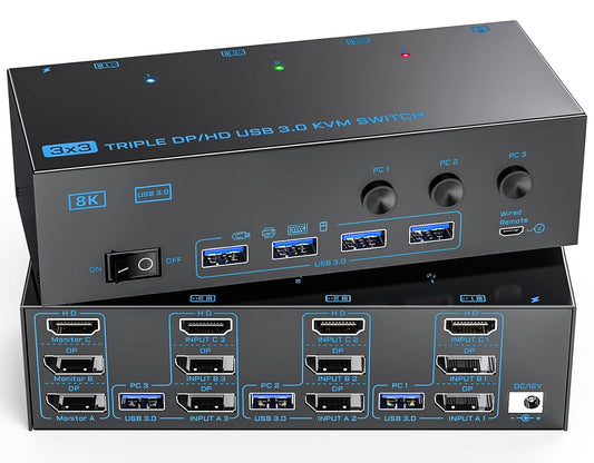 8K@60Hz HDMI-Compatible Triple Monitor KVM Switch, USB 3.0, 3 In 3 Out for Keyboard, Mouse, U-Disk, Printer, Compatible with Linux, Windows, Chrome OS, Mac OS