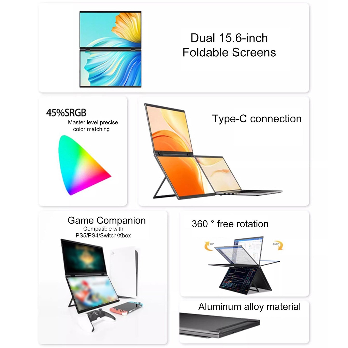 15.6 Ultra-Thin 1080P Dual Monitor Laptop Extender - Foldable 60Hz External Display for PC, Phone & Game Consoles