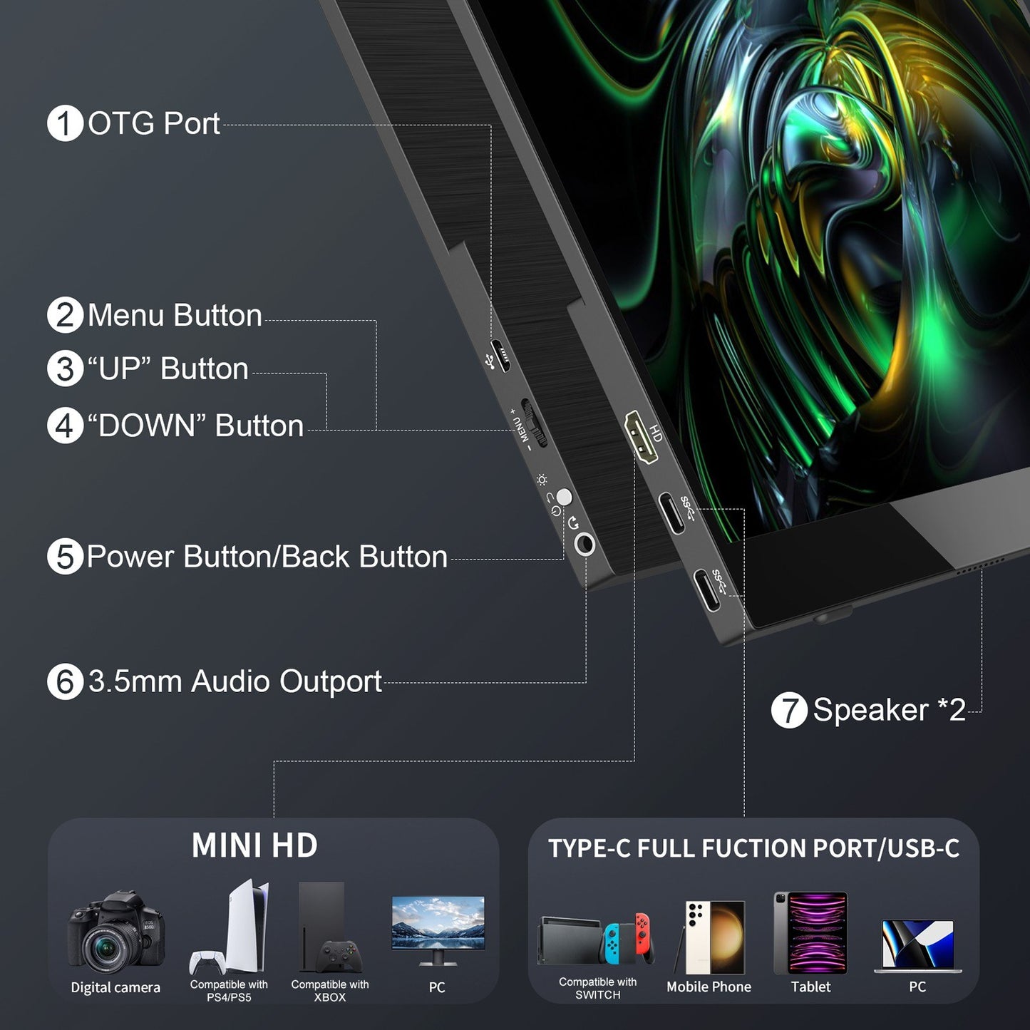 18.5-Inch 1080P Portable IPS Monitor for Switch/PS4/XBOX, 100Hz, 100% sRGB, Dual Speakers, Detachable Stand Cover