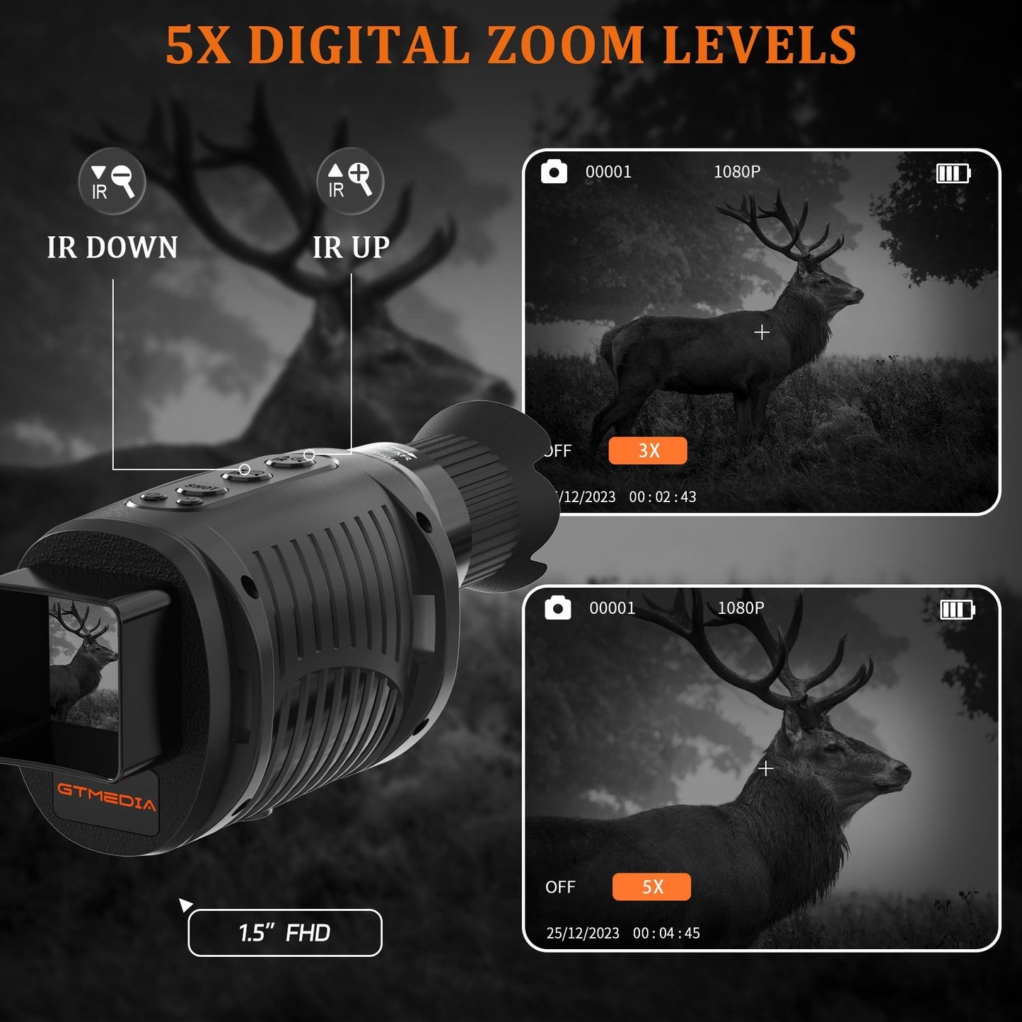 GTMEDIA N1 Night Vision Monocular, 5X Zoom, 7-Level IR, 32GB, Type-C, 1.5’’ Screen, Black – Perfect for Wildlife & Adventure