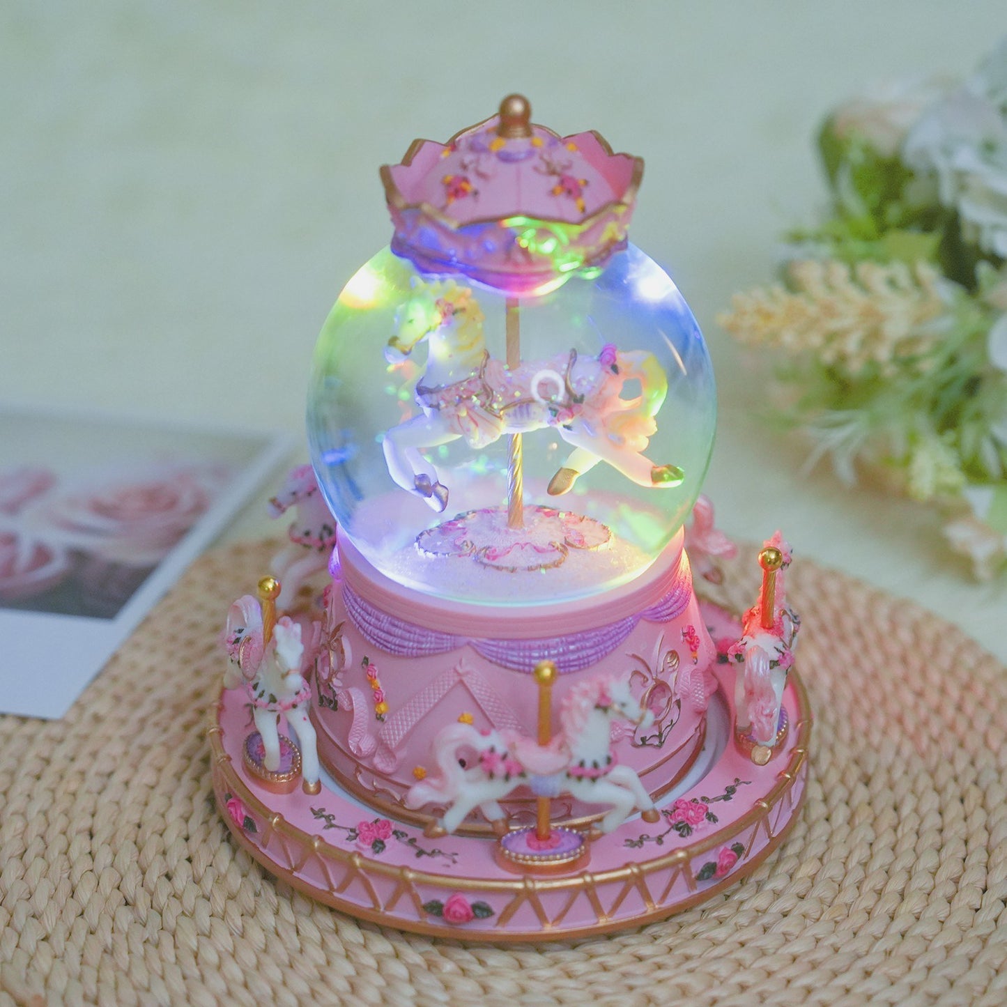 Crystal Ball Music Box: Light-Up Rotating Carousel with Colorful Lights and Cute Horses - Perfect Girls Birthday or Festival Gift