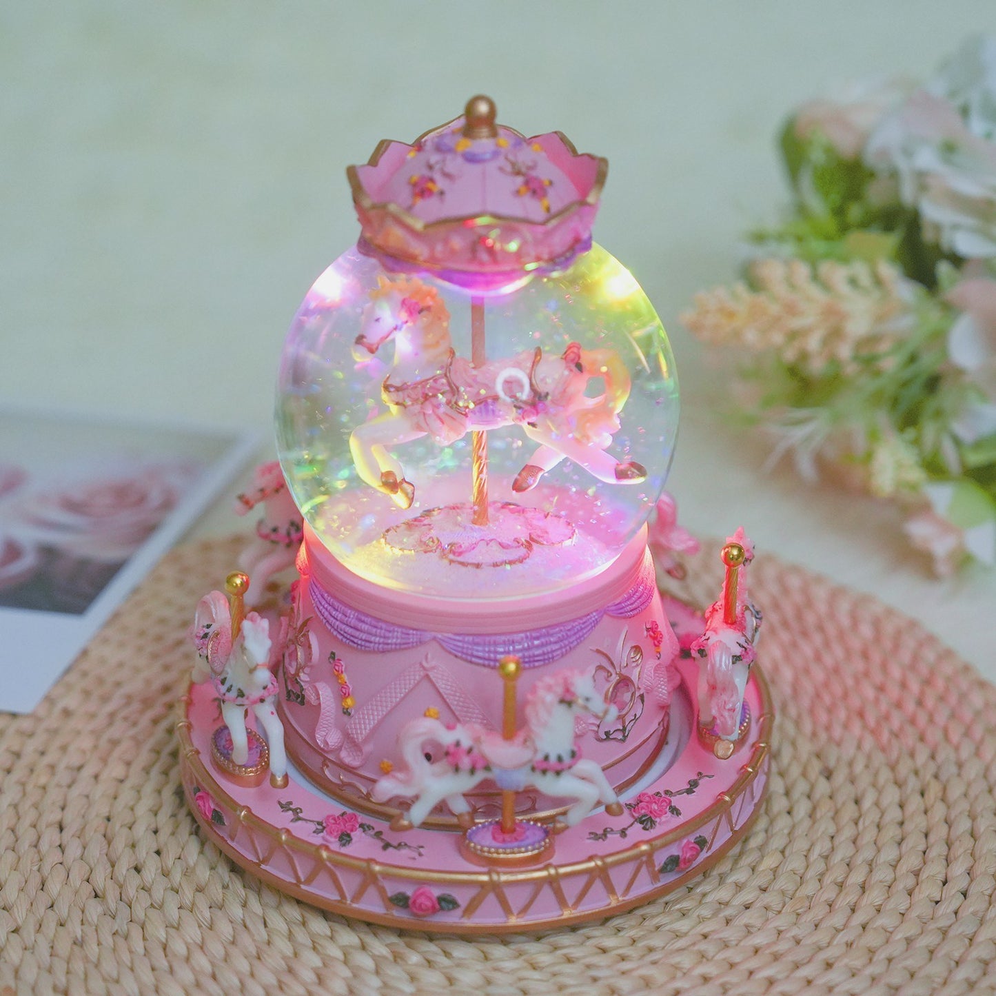 Crystal Ball Music Box: Light-Up Rotating Carousel with Colorful Lights and Cute Horses - Perfect Girls Birthday or Festival Gift