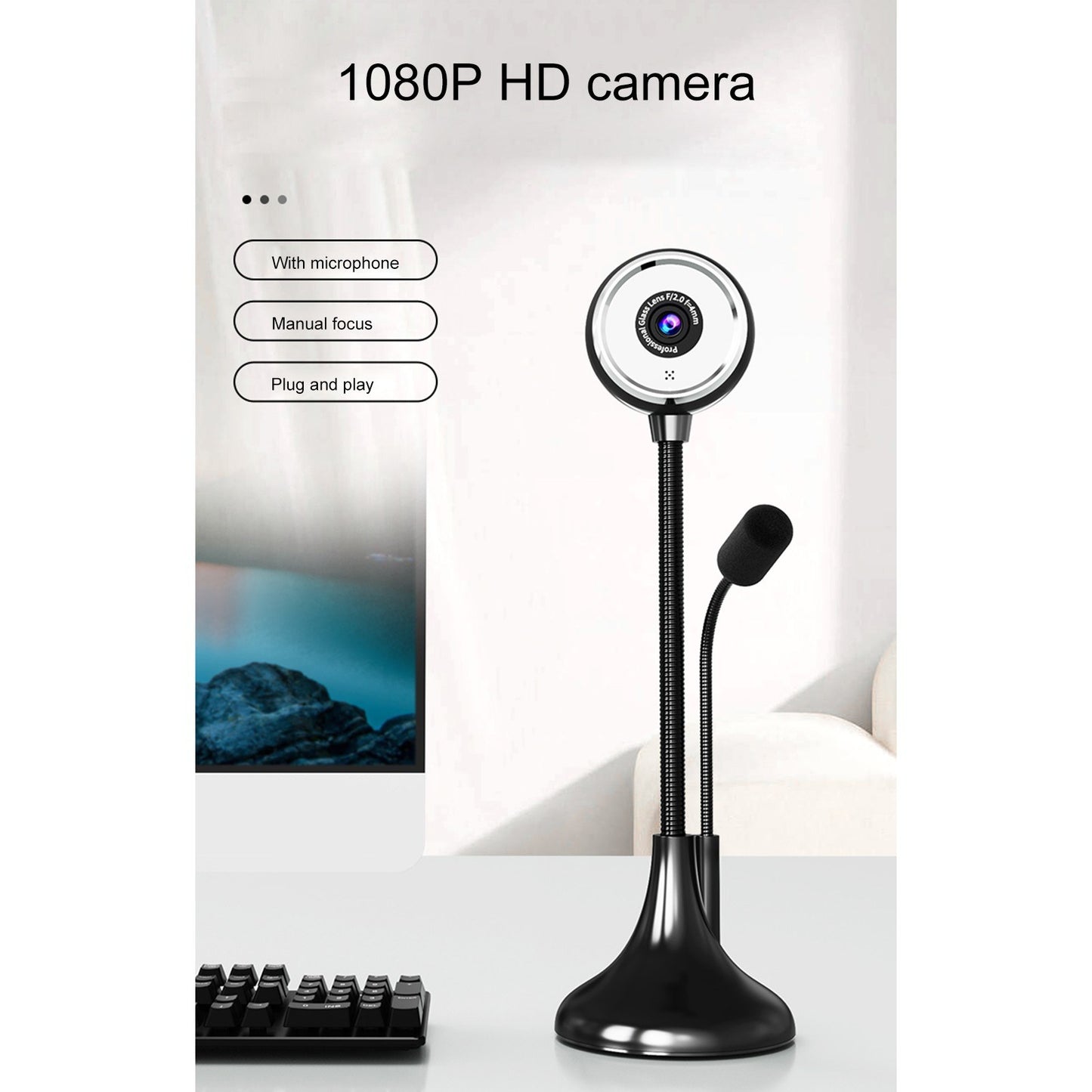 SADA A09 USB Desktop Camera: HD 1080P, Manual Focus, Wide Angle, Rotatable, Height Adjustable, Mic-Equipped for Conferencing & Streaming