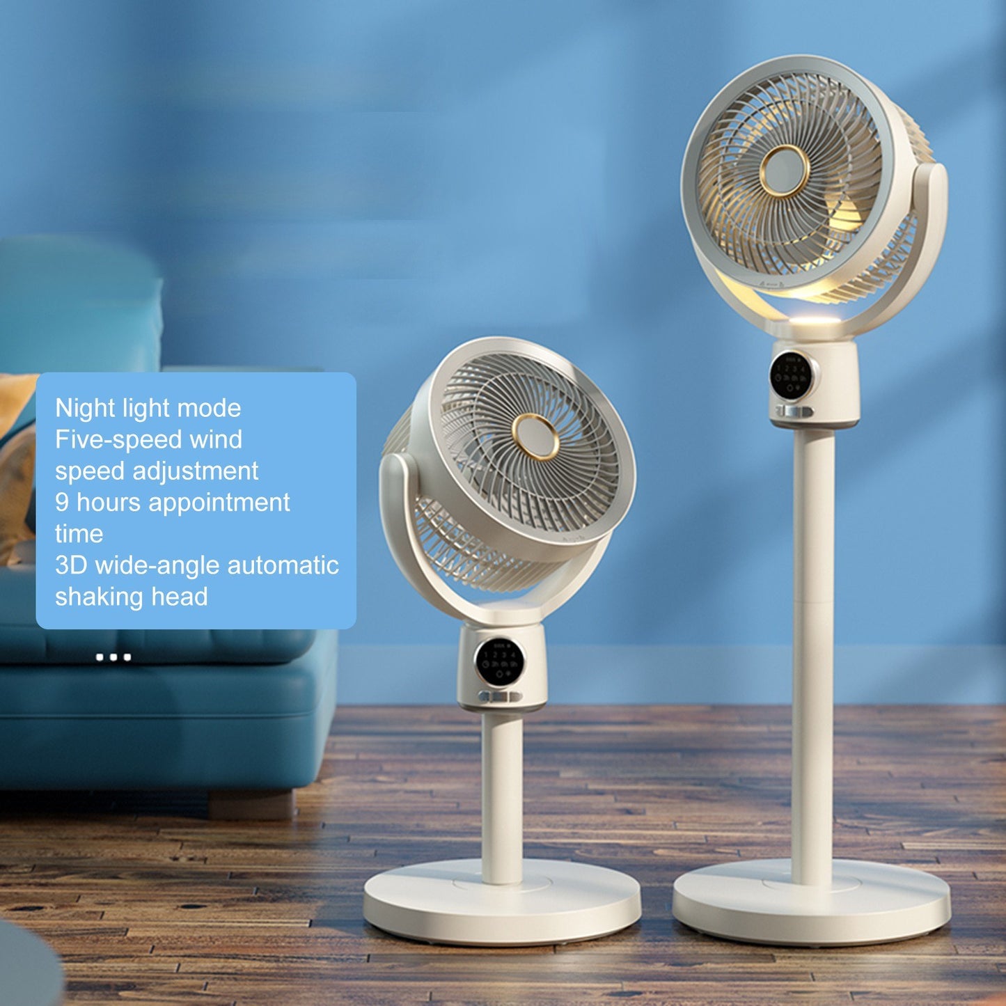 Desktop Air Circulation Floor Fan with Night Light & Detachable Rod