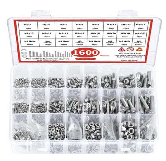 1600pcs Metric Nuts & Bolts Assortment Kit - M3 M4 M5 M6 Stainless Steel Screws with Button & Socket Heads