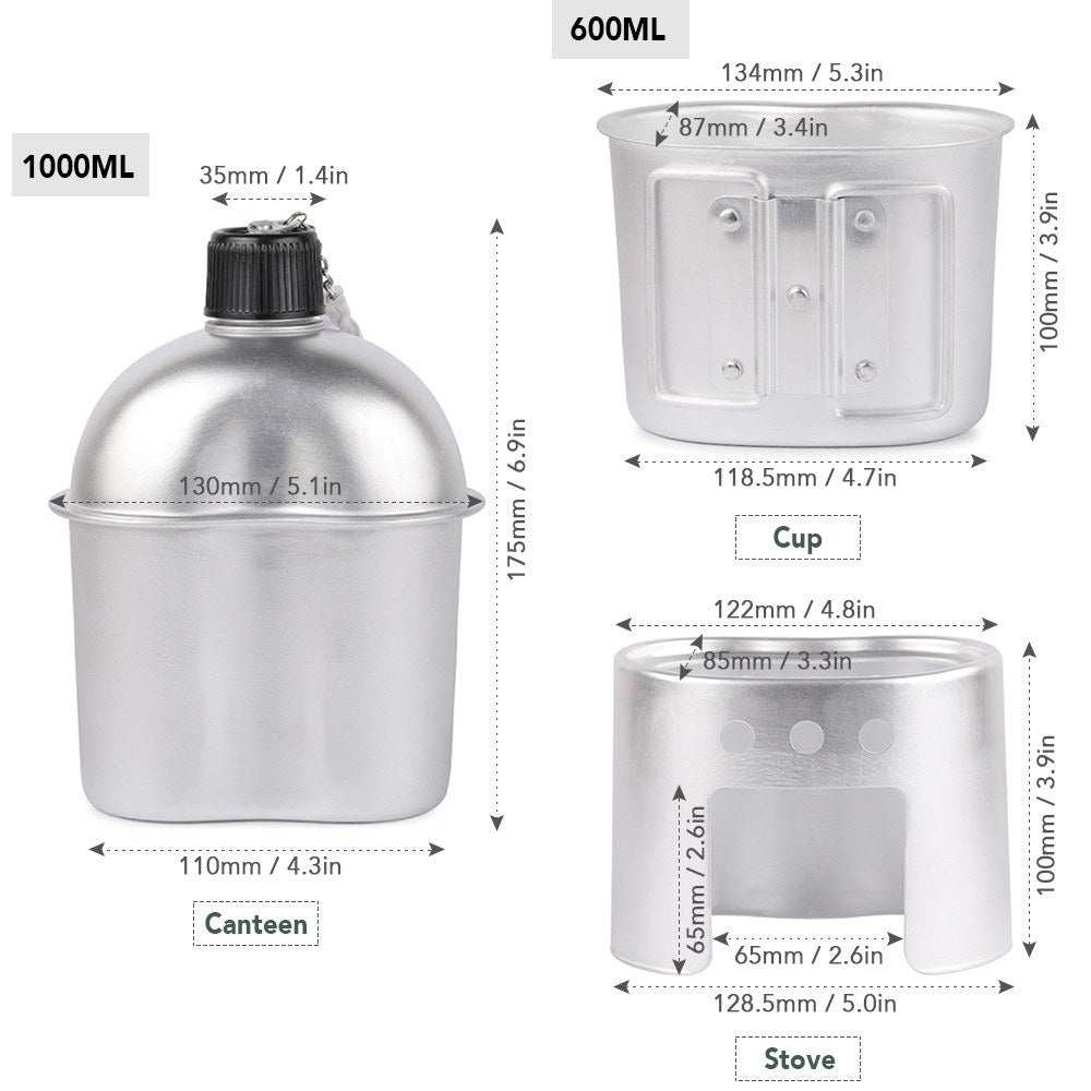 3-Piece Camping Cookware Set: Aluminum Canteen Cup, Wood Stove, and Cover Bag for Hiking & Backpacking