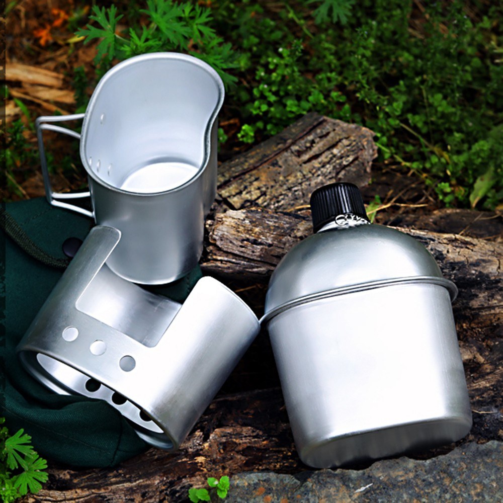3-Piece Camping Cookware Set: Aluminum Canteen Cup, Wood Stove, and Cover Bag for Hiking & Backpacking