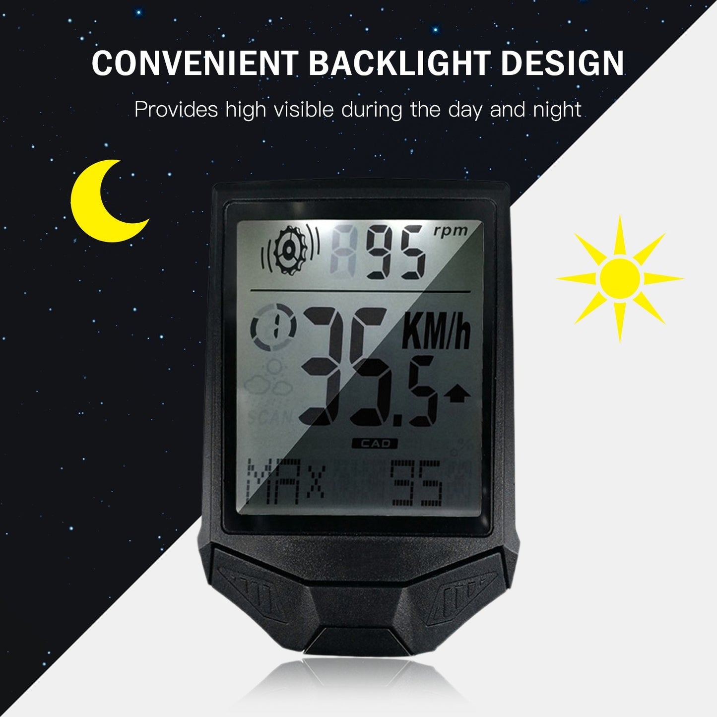 Wireless Cycling Computer with Cadence, Rainproof Multi-Function LCD Backlight