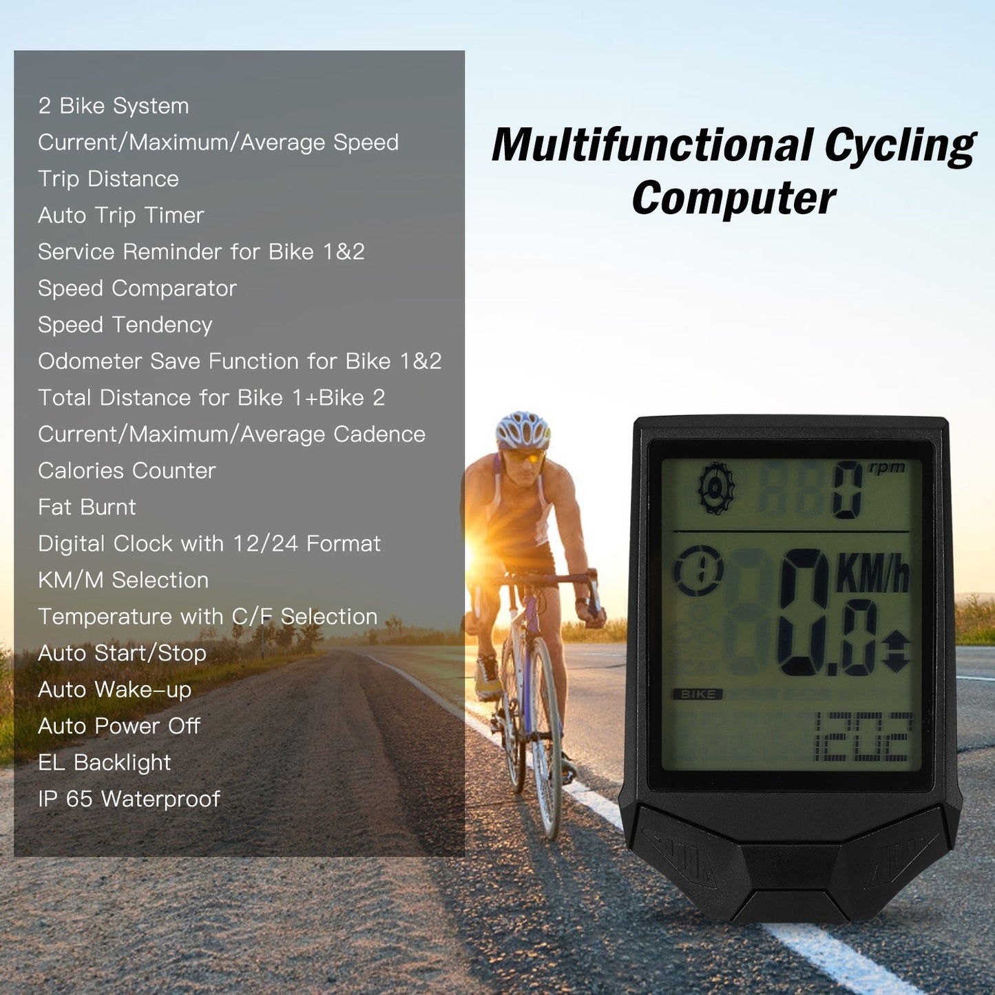 Wireless Cycling Computer with Cadence, Rainproof Multi-Function LCD Backlight
