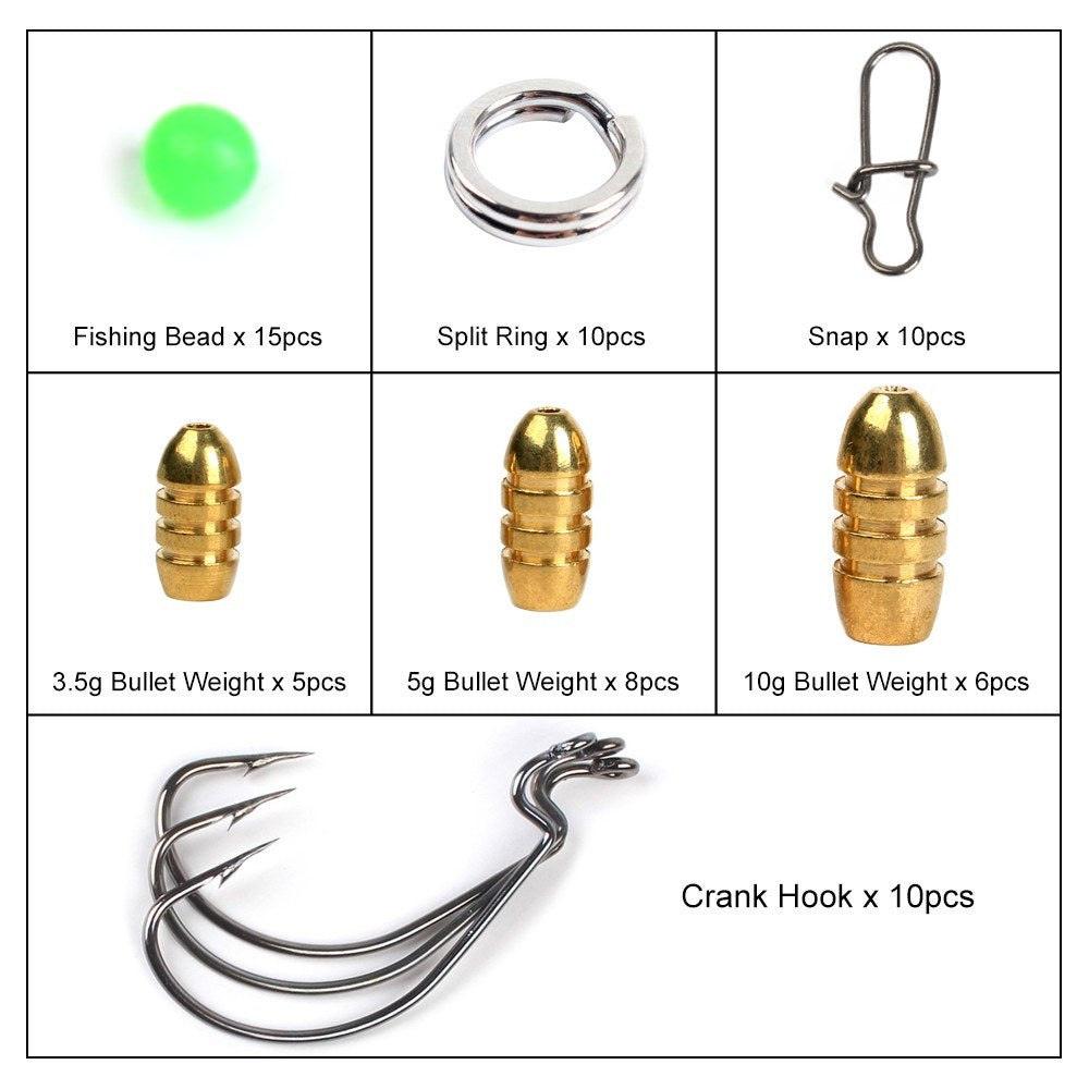 64pcs Fishing Accessories Set: Bullet Weights, Sinkers, Hooks, Split Rings, Connectors with Tackle Box