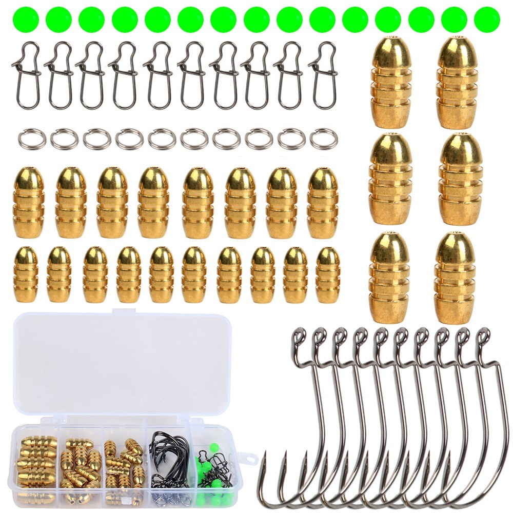 64pcs Fishing Accessories Set: Bullet Weights, Sinkers, Hooks, Split Rings, Connectors with Tackle Box