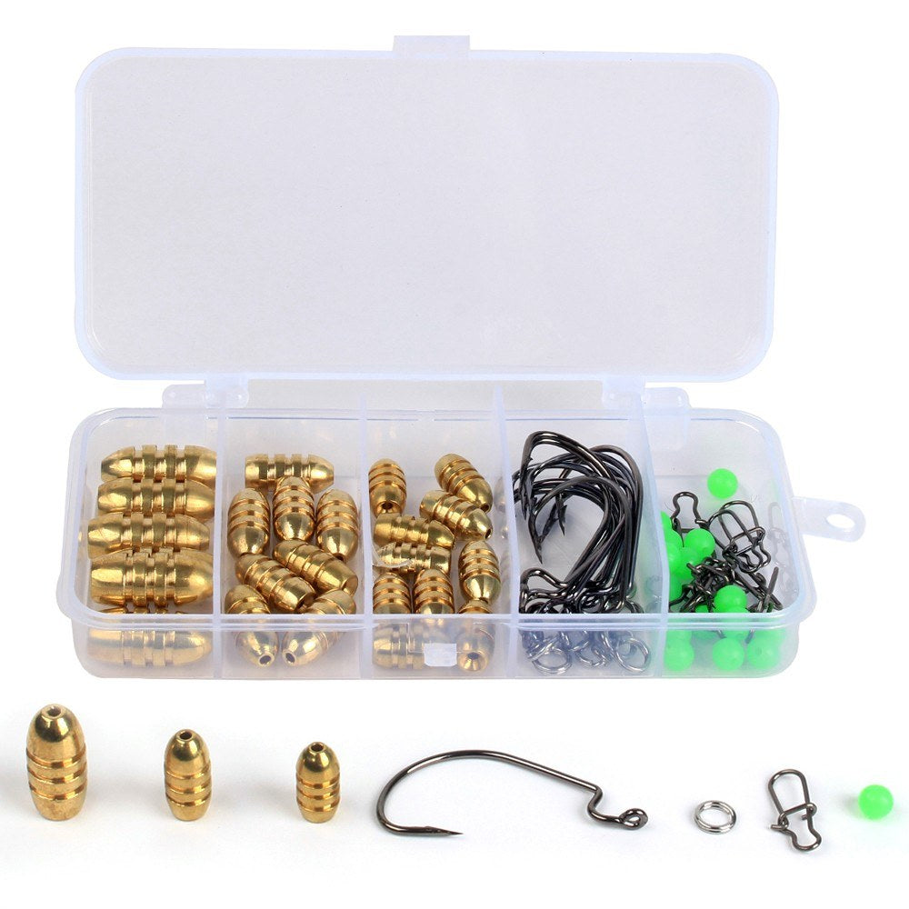 64pcs Fishing Accessories Set: Bullet Weights, Sinkers, Hooks, Split Rings, Connectors with Tackle Box