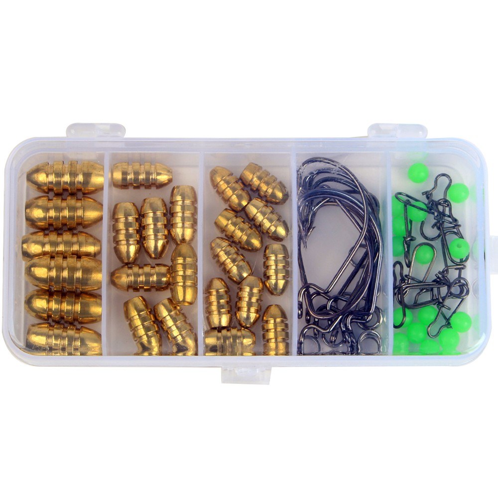 64pcs Fishing Accessories Set: Bullet Weights, Sinkers, Hooks, Split Rings, Connectors with Tackle Box