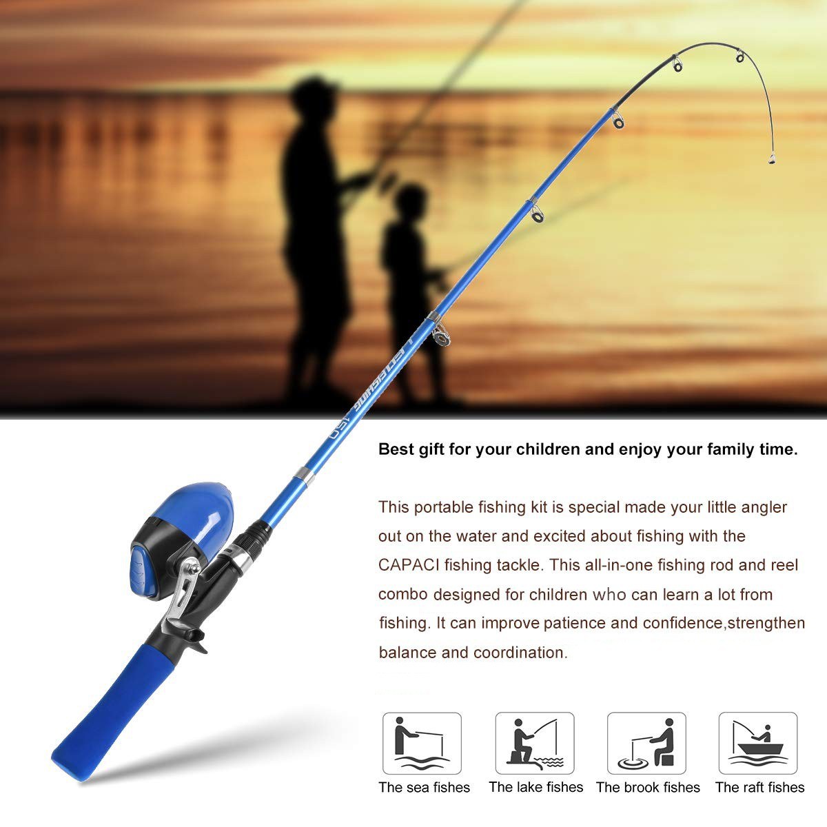 1.5m Telescopic Kids Fishing Rod & Reel Combo Kit with Lures, Hooks, Swivels & Storage Bag