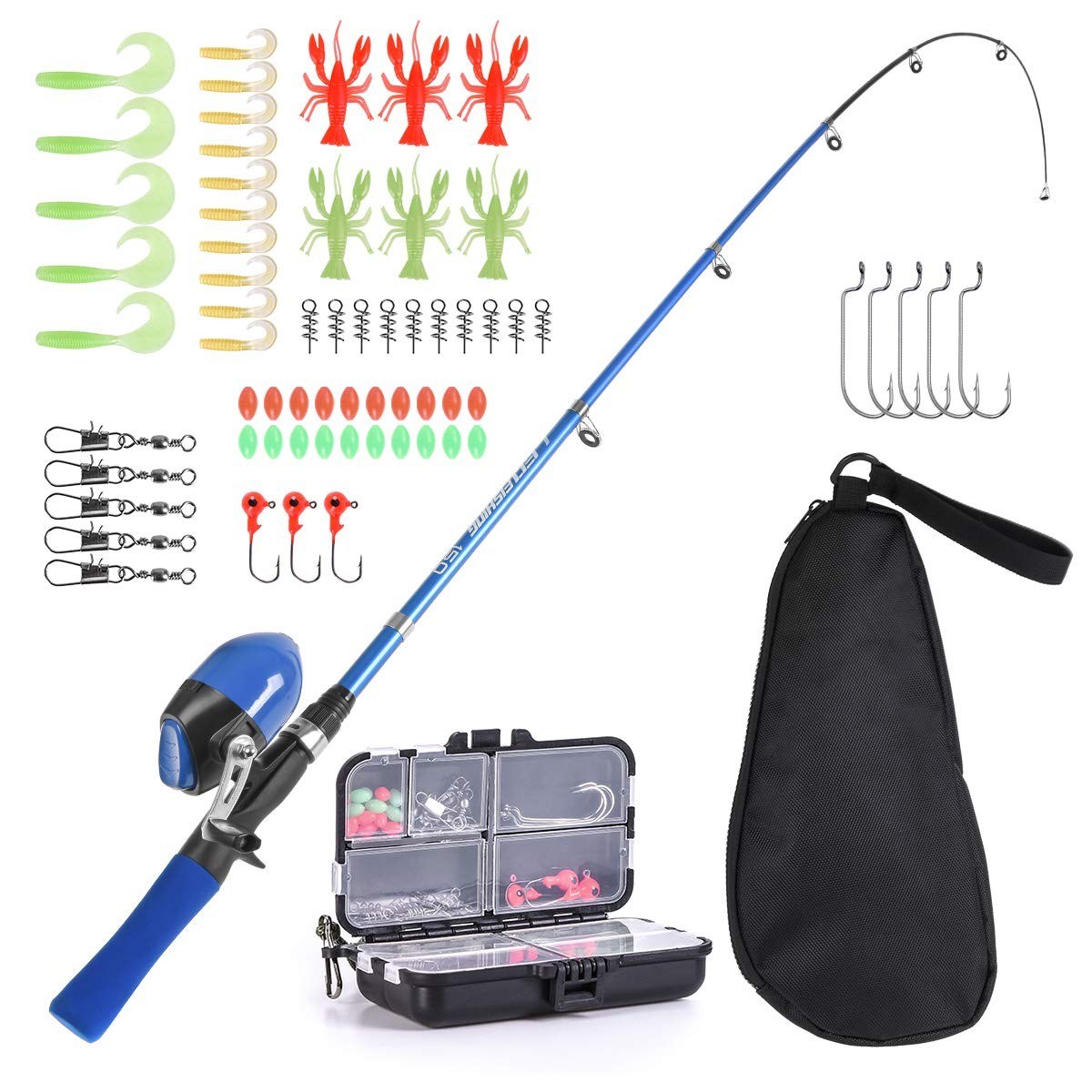 1.5m Telescopic Kids Fishing Rod & Reel Combo Kit with Lures, Hooks, Swivels & Storage Bag