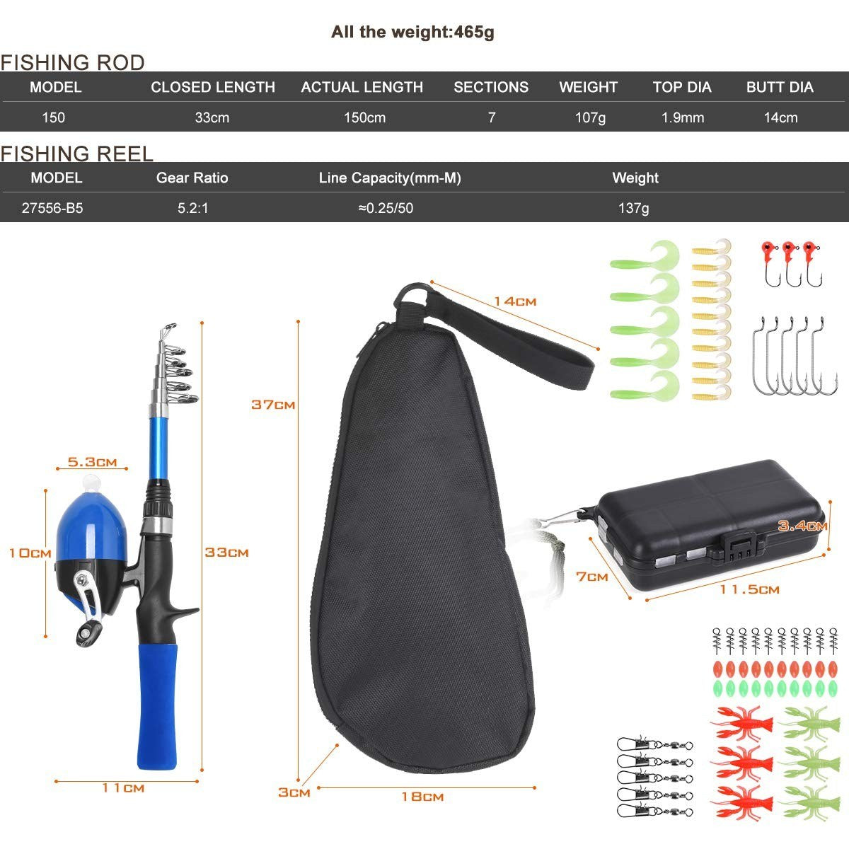 1.5m Telescopic Kids Fishing Rod & Reel Combo Kit with Lures, Hooks, Swivels & Storage Bag