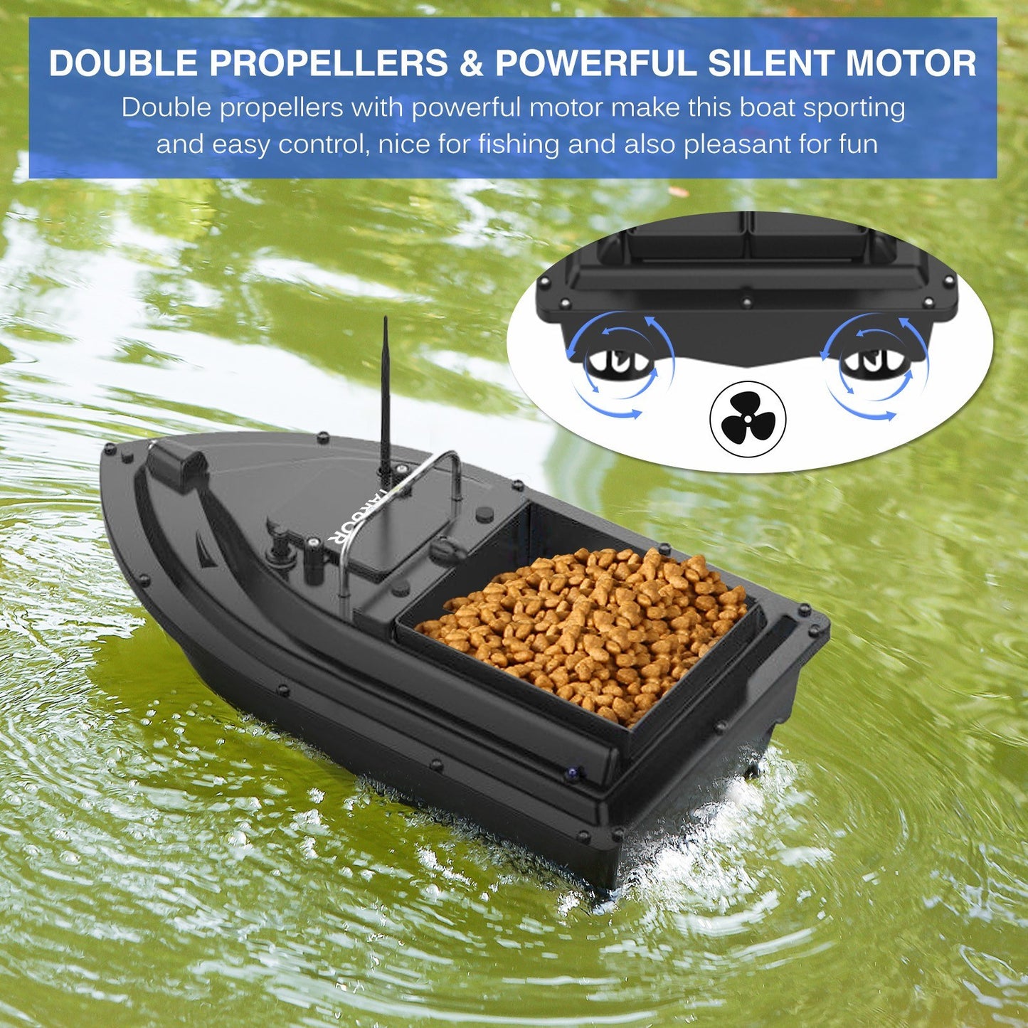 Taruor GPS Fishing Bait Boat - 16 Positioning Points, Large Container, 400-500M Range, 4.4lb Load, 10000mAh Battery