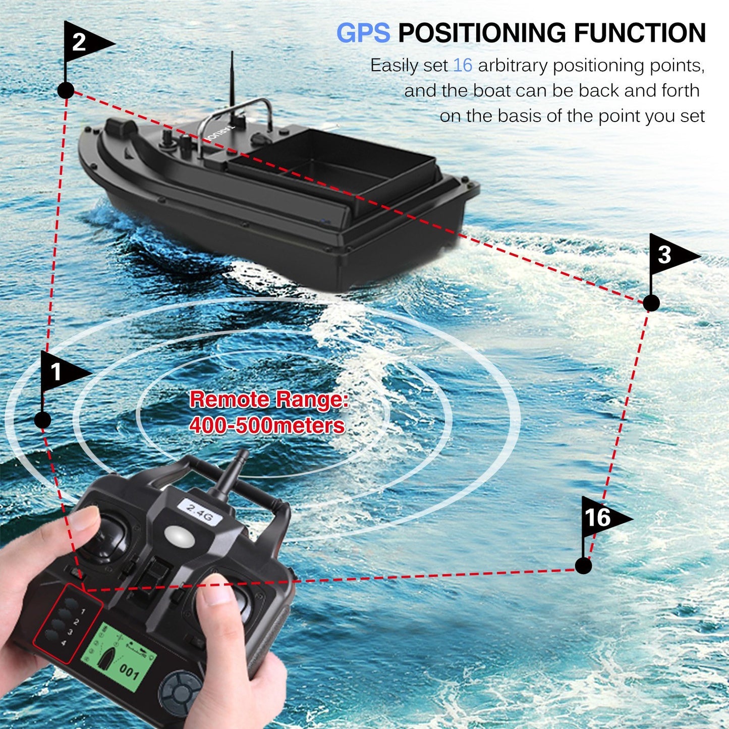 Taruor GPS Fishing Bait Boat - 16 Positioning Points, Large Container, 400-500M Range, 4.4lb Load, 10000mAh Battery