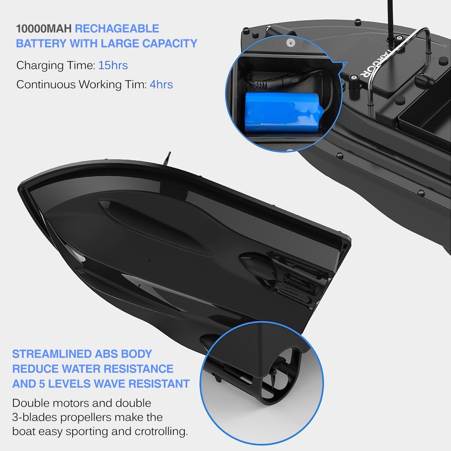 Taruor GPS Fishing Bait Boat - 16 Positioning Points, Large Container, 400-500M Range, 4.4lb Load, 10000mAh Battery
