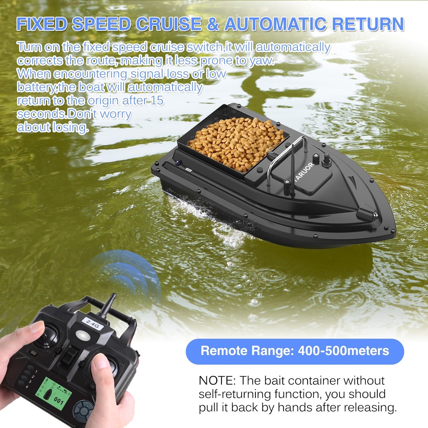 Taruor GPS Fishing Bait Boat - 16 Positioning Points, Large Container, 400-500M Range, 4.4lb Load, 10000mAh Battery