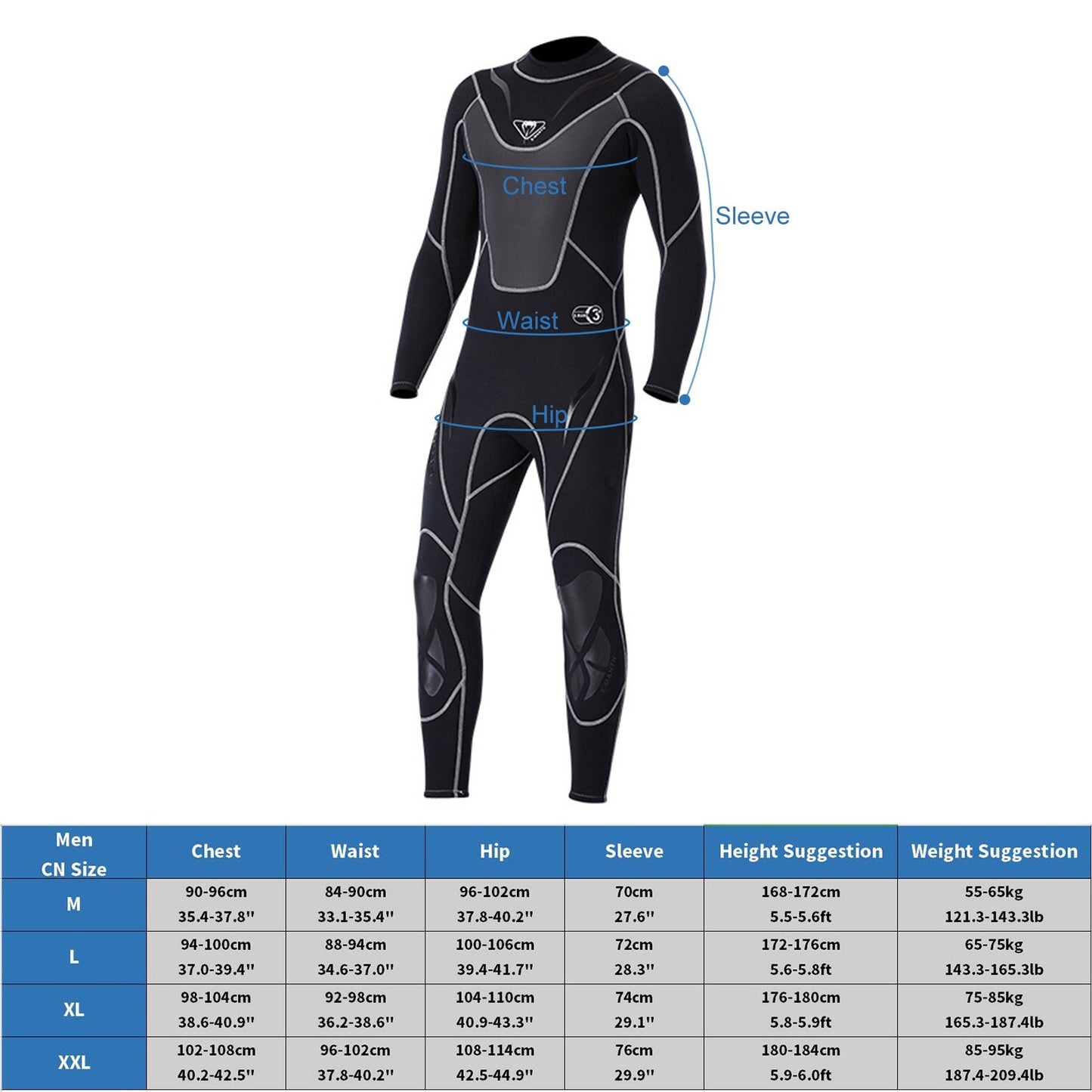 Mens 3mm Neoprene Full-Body Wetsuit with Back Zipper for Surfing, Swimming, Scuba, Snorkeling