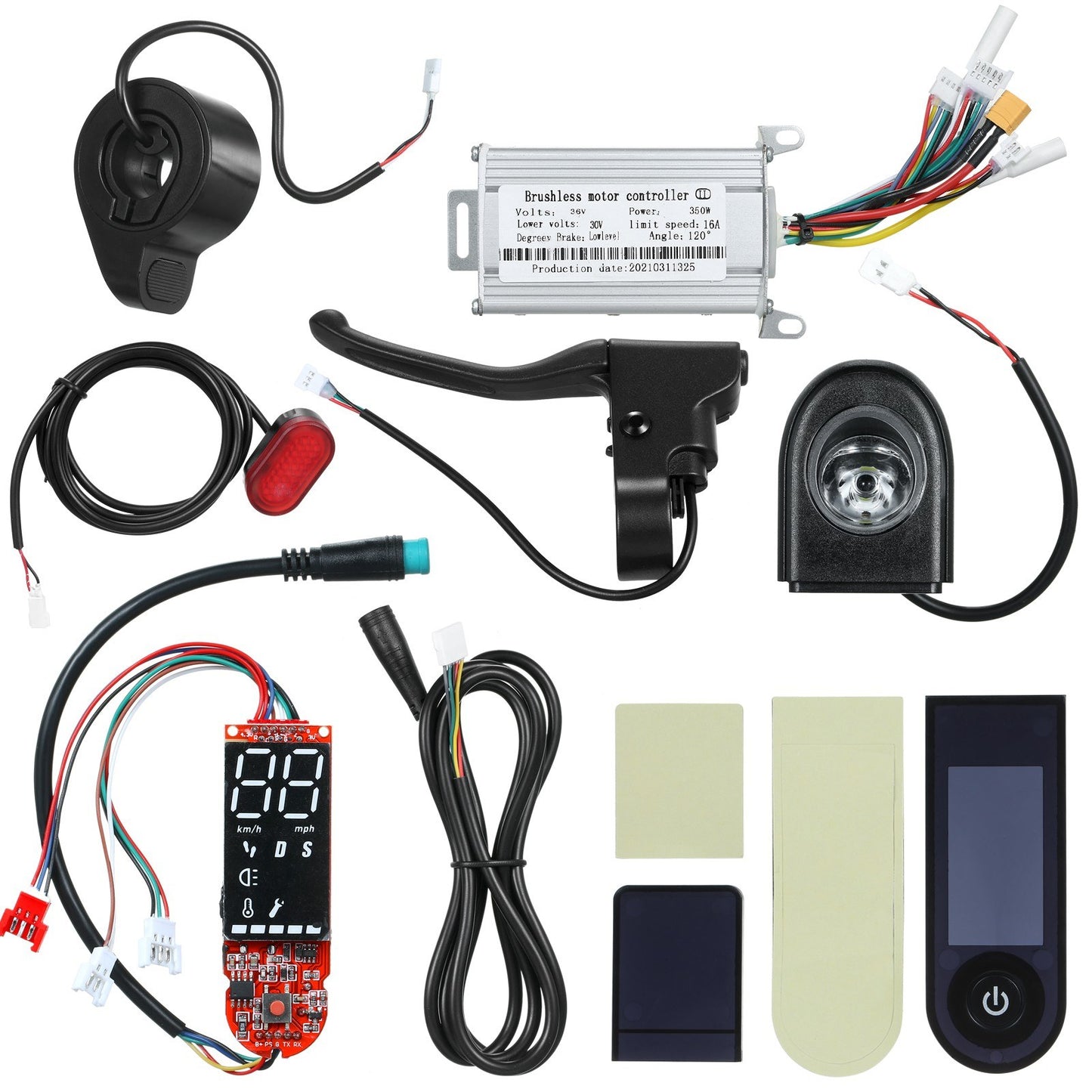 Electric Scooter Accessory Set - 30V 350W Brushless Motor Controller with Digital Display, Headlight & Taillight