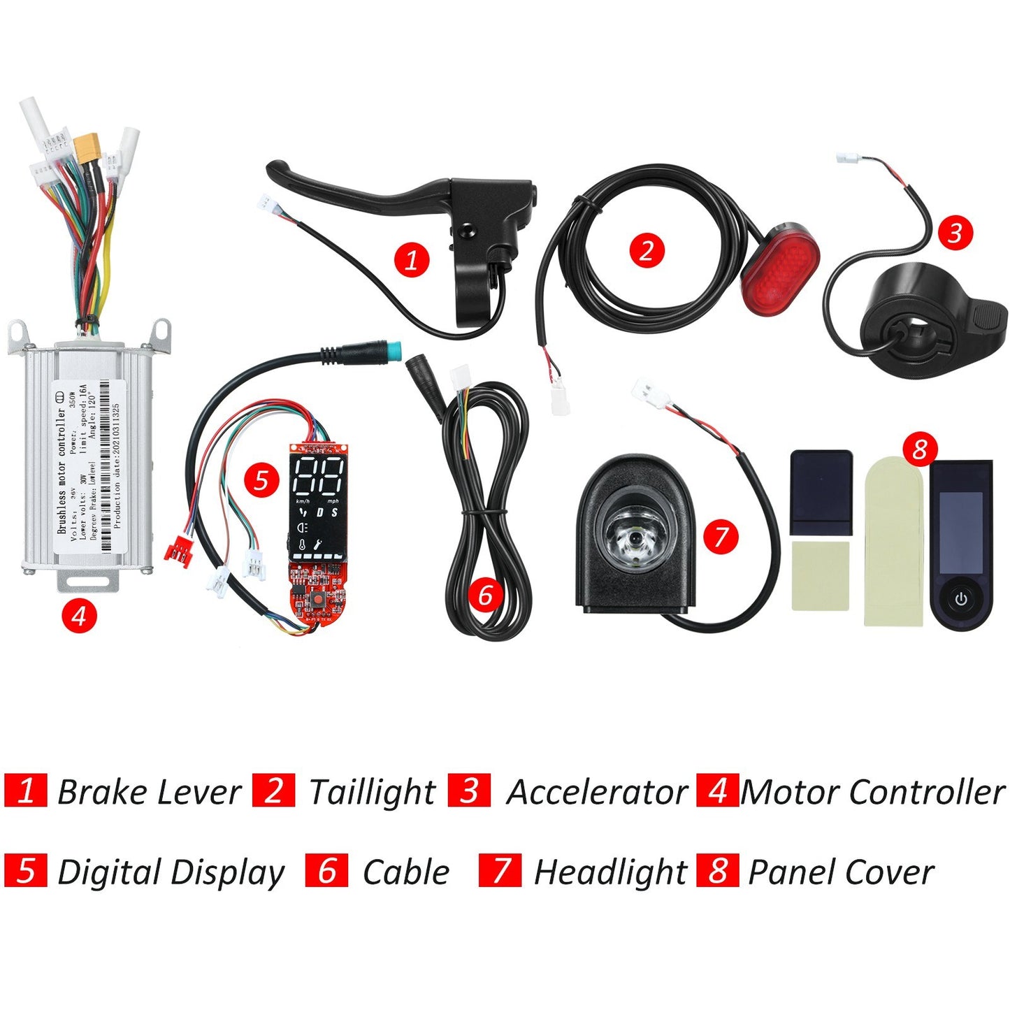 Electric Scooter Accessory Set - 30V 350W Brushless Motor Controller with Digital Display, Headlight & Taillight