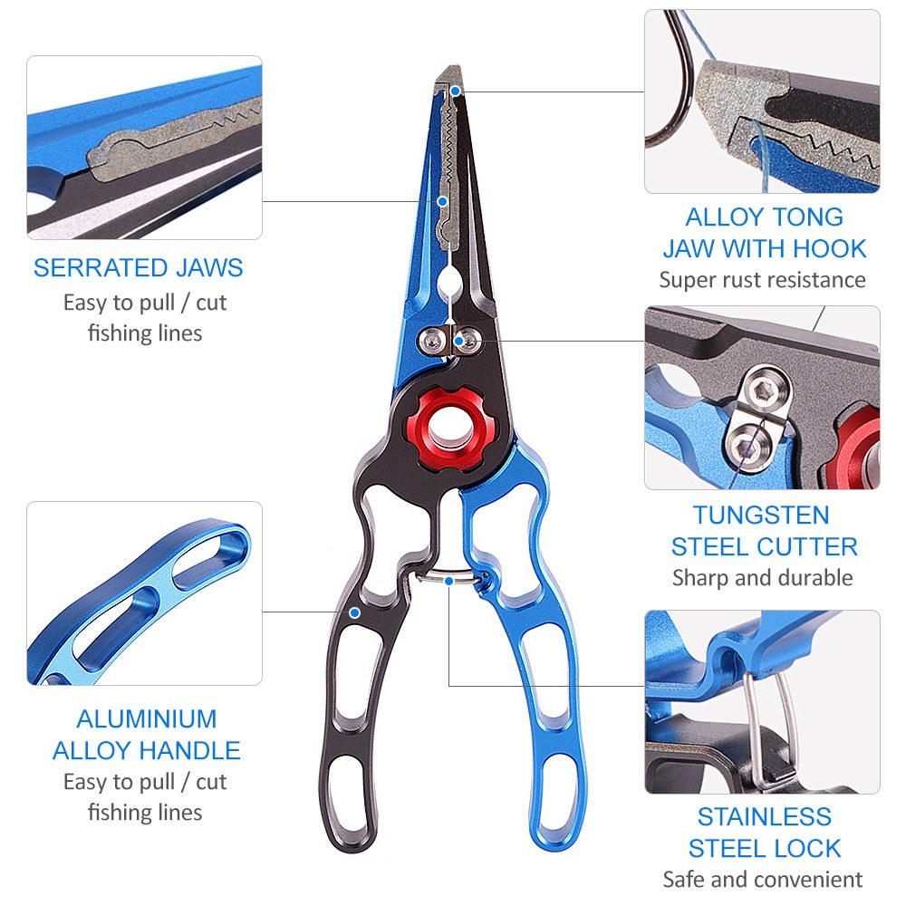 Aluminum Fishing Pliers Set: Hook Remover, Fish Holder, Line Cutters, Split Ring Tool with Lanyard & Storage Bag
