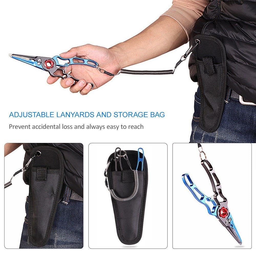 Aluminum Fishing Pliers Set: Hook Remover, Fish Holder, Line Cutters, Split Ring Tool with Lanyard & Storage Bag