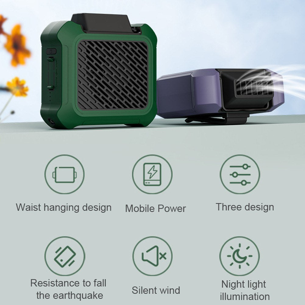 Portable Waist-Mounted USB Rechargeable Fan with Night Light & Mobile Power for Outdoor Camping & Emergency Use