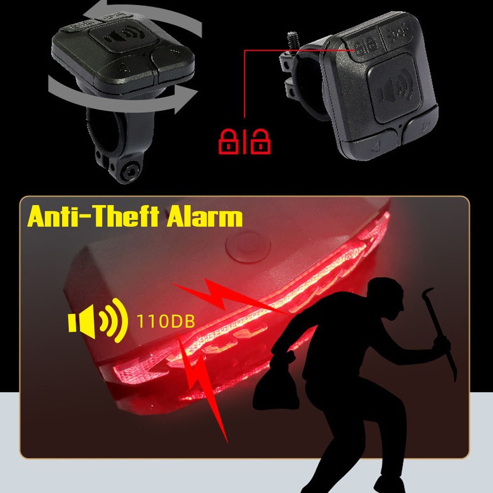 5-in-1 Bike Taillight with Turn Signals, Anti-Theft Alarm, LED Rear Light, Waterproof, 6 Modes & Remote for Mountain/Road Cycling