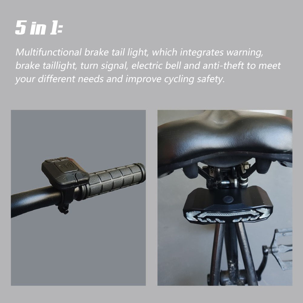 5-in-1 Bike Taillight with Turn Signals, Anti-Theft Alarm, LED Rear Light, Waterproof, 6 Modes & Remote for Mountain/Road Cycling