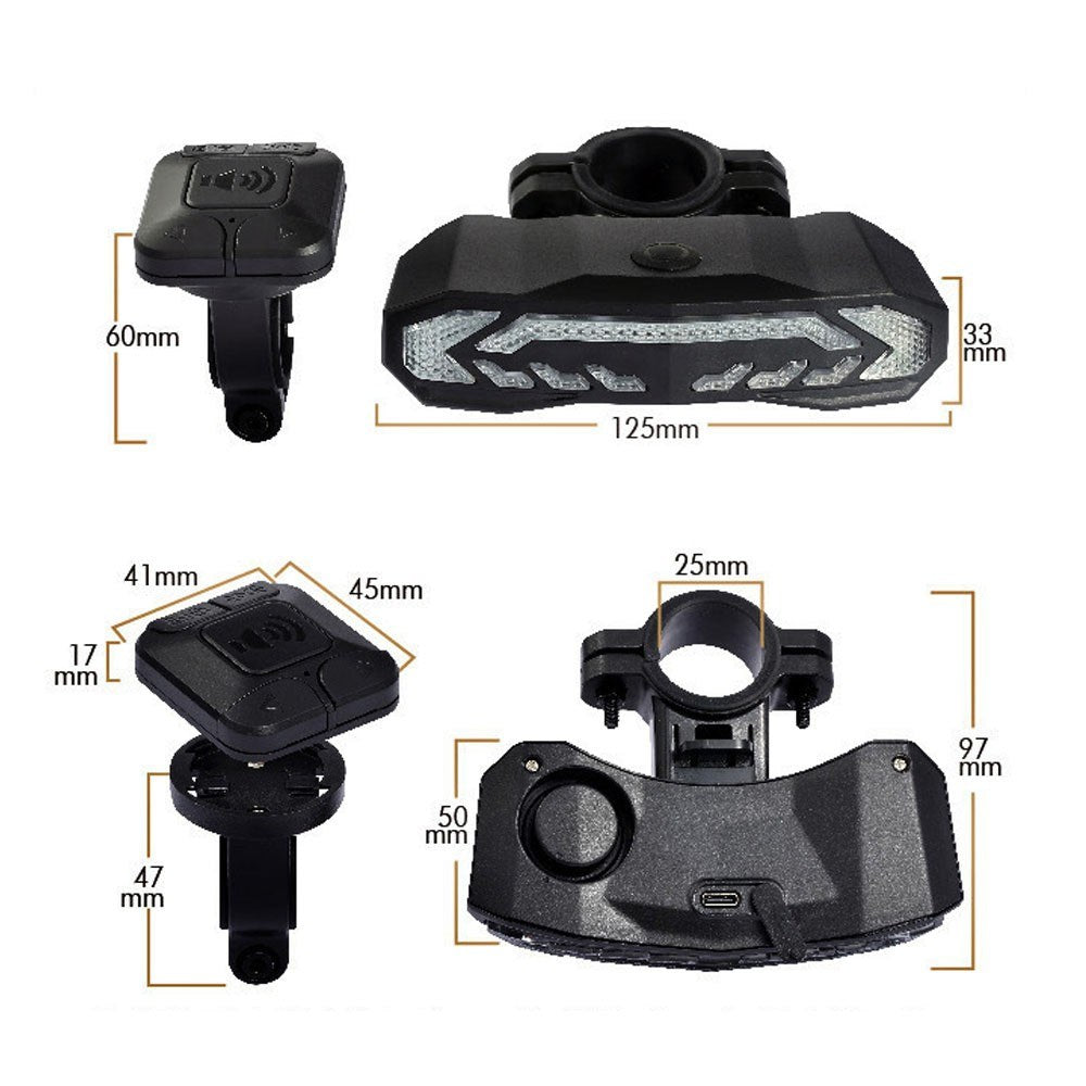 5-in-1 Bike Taillight with Turn Signals, Anti-Theft Alarm, LED Rear Light, Waterproof, 6 Modes & Remote for Mountain/Road Cycling