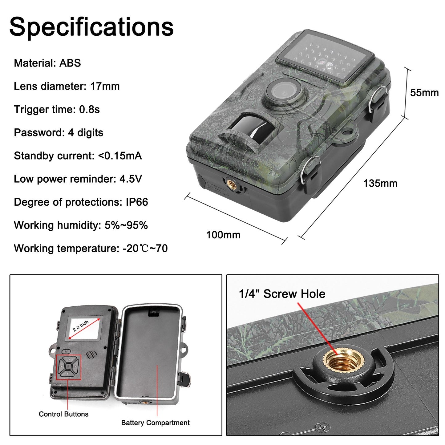 16MP 1080P Portable Outdoor Trail Camera for Wildlife Observation