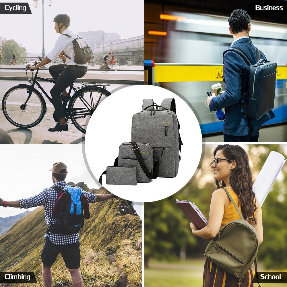 3-Piece Backpack Set: Water-Resistant Travel Laptop Bag with USB Charging - 16-Inch College & Hiking Daypack