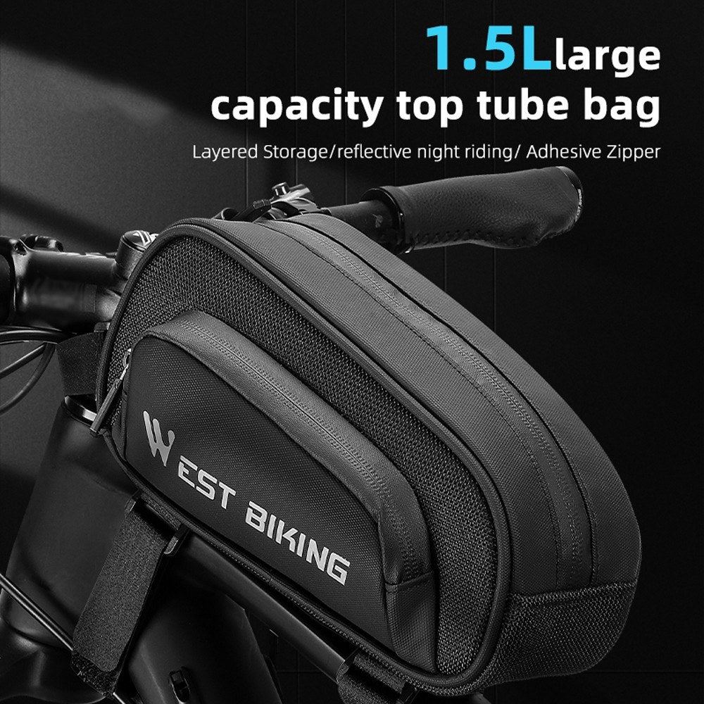 WEST BIKING Waterproof 1.5L Bicycle Front Frame Bag with Smooth Zipper
