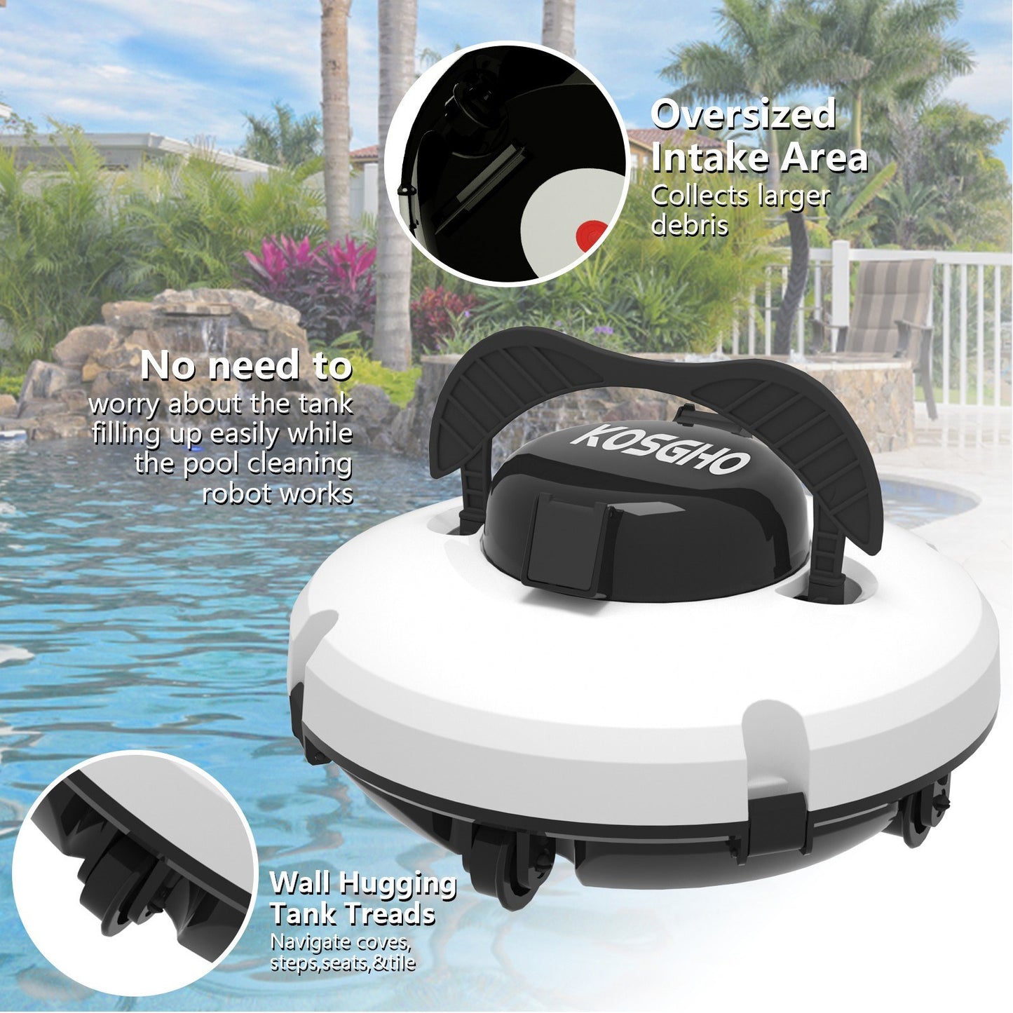KOSGHO Dual Motor Cordless Robotic Pool Cleaner - Self-Parking Vacuum for Flat Ground Pools