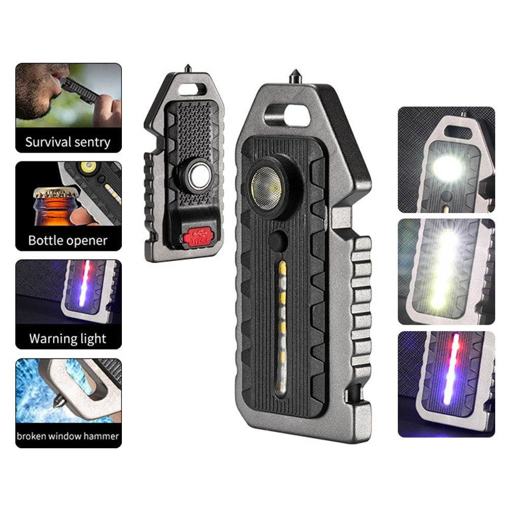 Compact Multi-functional Keychain: LED Flashlight, Whistle, Window Breaker, Bottle Opener, Waterproof & Rechargeable