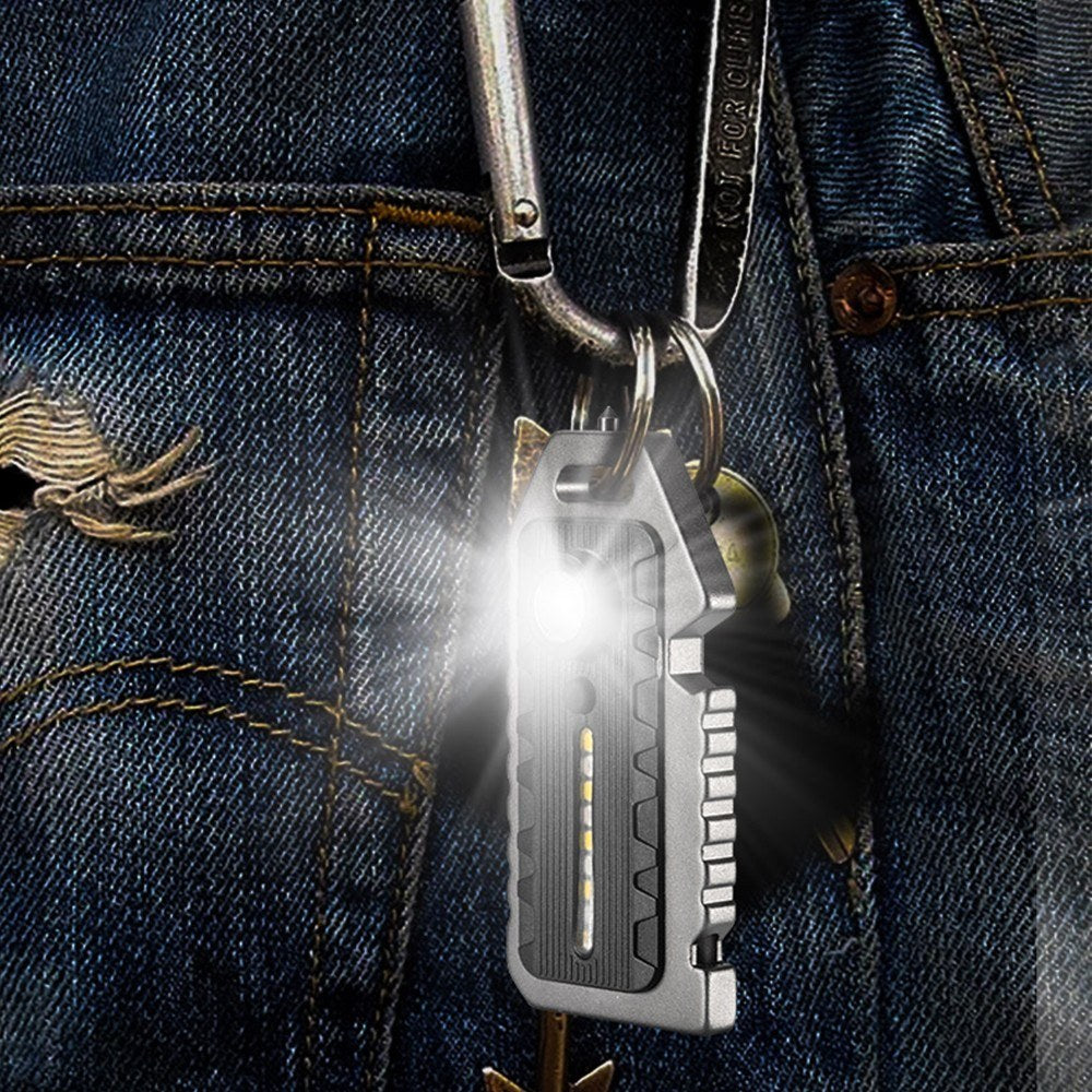 Compact Multi-functional Keychain: LED Flashlight, Whistle, Window Breaker, Bottle Opener, Waterproof & Rechargeable