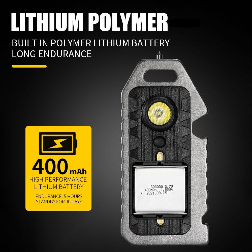 Compact Multi-functional Keychain: LED Flashlight, Whistle, Window Breaker, Bottle Opener, Waterproof & Rechargeable