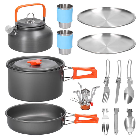 Portable Outdoor Cookware Set: Aluminum Pot, Pan, Kettle, Cups, Stove for Camping, Hiking, Backpacking, Fishing