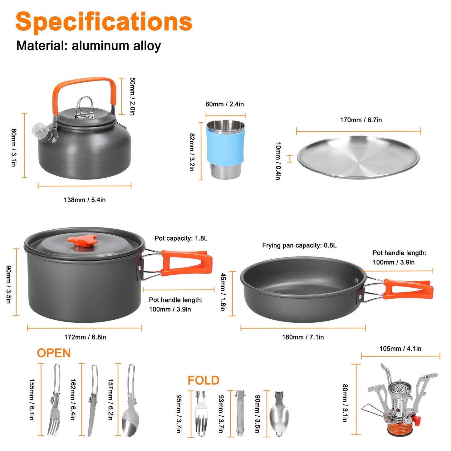 Portable Outdoor Cookware Set: Aluminum Pot, Pan, Kettle, Cups, Stove for Camping, Hiking, Backpacking, Fishing