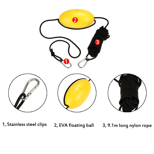 Kayak Drift Anchor Tow Line - 30ft Nylon Rope with Stainless Steel Clips