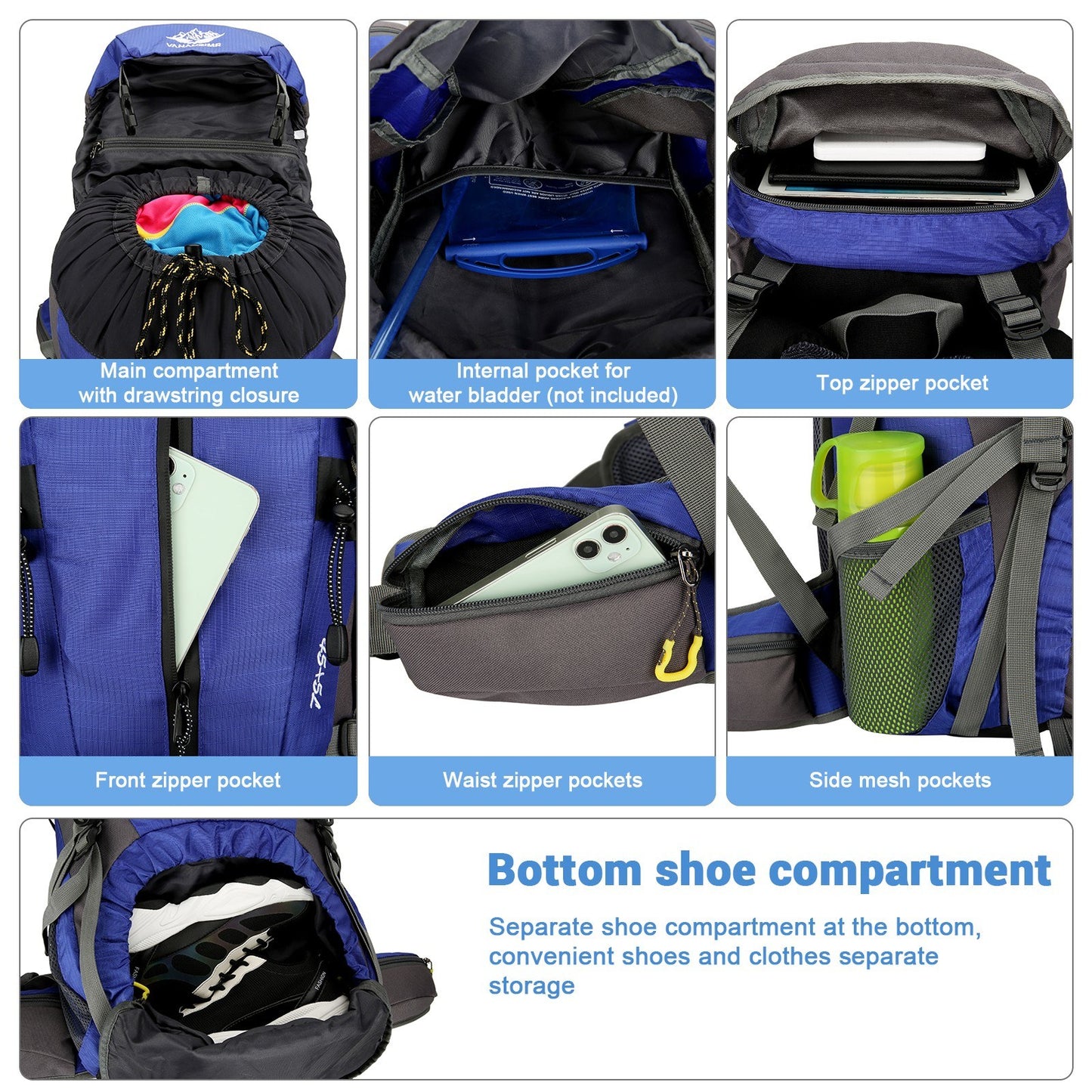 VANAHEIMR 50L Waterproof Hiking Backpack with Rain Cover and Shoe Compartment for Camping, Travel, and Climbing