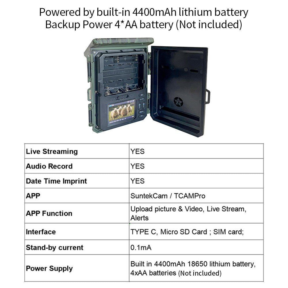4G Solar Hunting Camera with 2.0-inch TFT, 2K 30MP, Infrared, APP Remote & Online Video