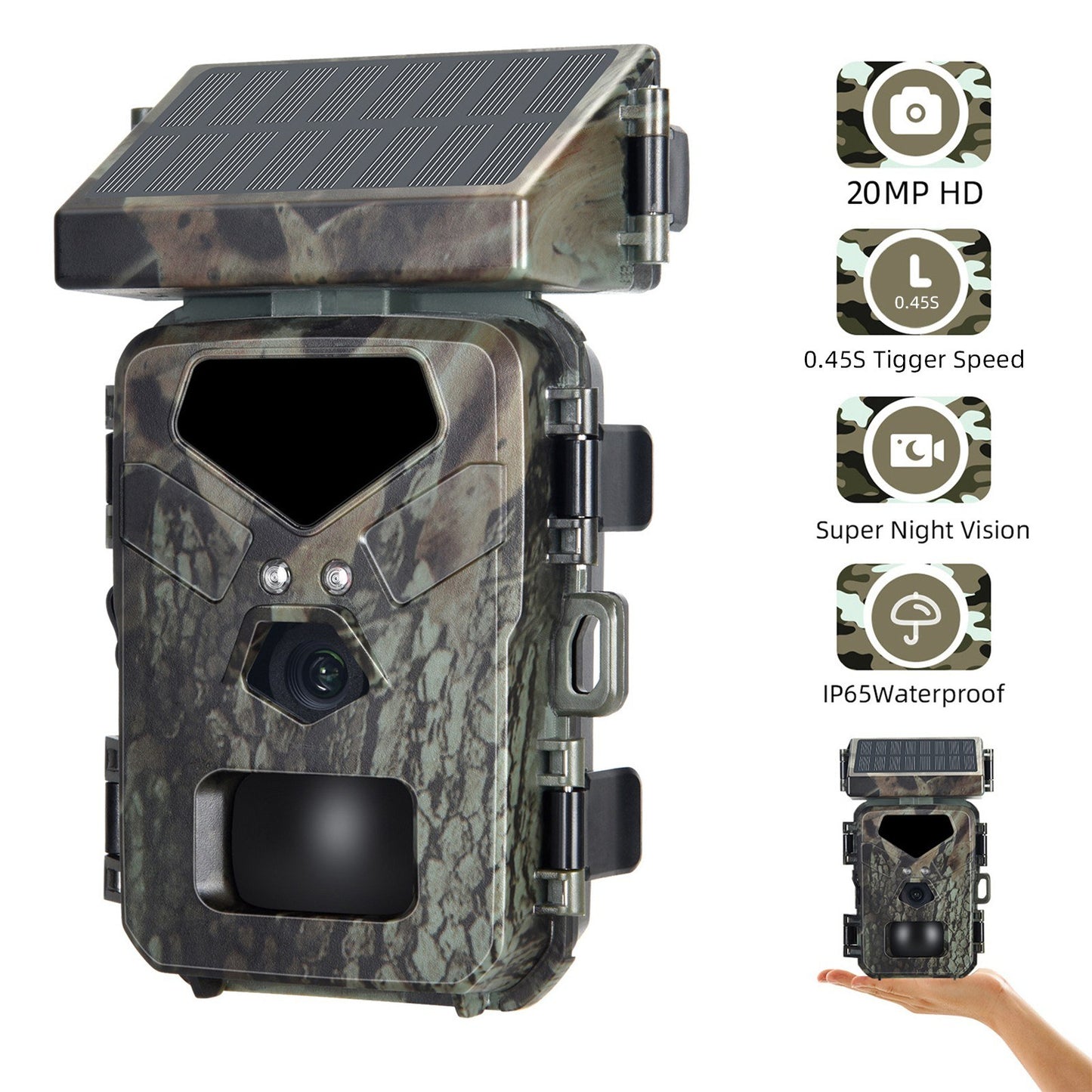 20MP Solar-Powered Hunting Camera, 1080P IP65, 0.45s Trigger, Infrared Night Vision, Motion-Activated, 60° Detection, 32GB Card