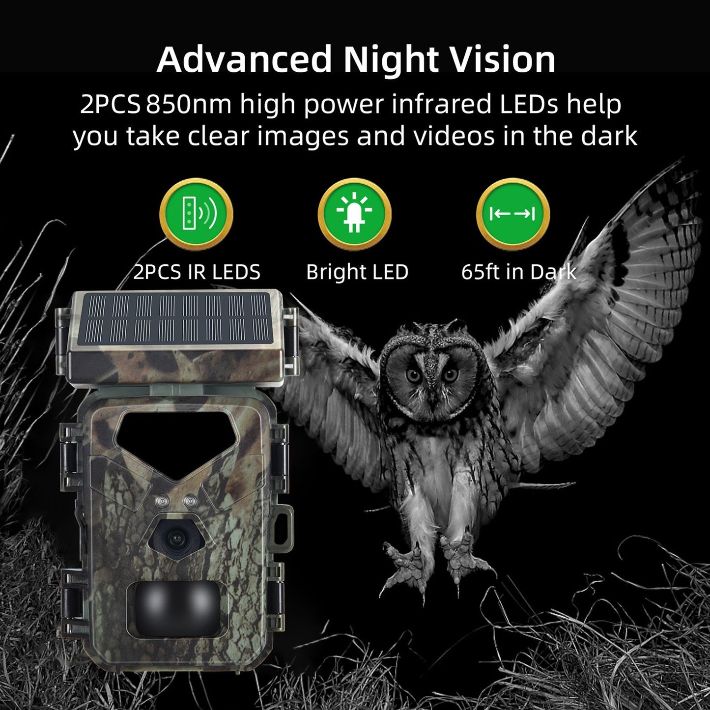 20MP Solar-Powered Hunting Camera, 1080P IP65, 0.45s Trigger, Infrared Night Vision, Motion-Activated, 60° Detection, 32GB Card